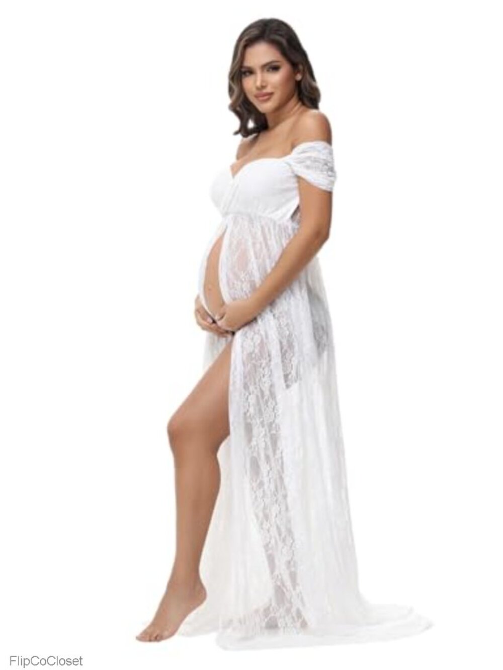 Off Shoulder Chiffon Lace Maternity Maxi Dress for Photoshoot